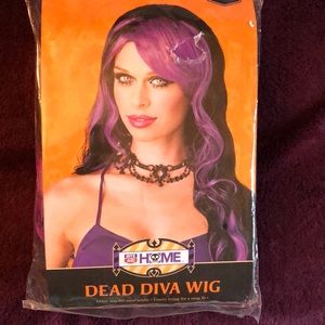 Dead Diva Witch Wig Wavy Black Hair Purple Streaks